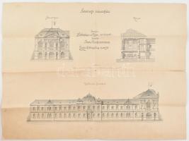 cca 1893-1894 Losonci városháza fő- mellékhomlokzata, tervrajz, nyomtatott, hajtott, szakadásokkal, 44×60 cm