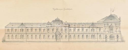 cca 1893-1894 Losonci városháza fő- mellékhomlokzata, tervrajz, nyomtatott, hajtott, szakadásokkal, ...