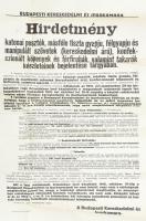 1916 Bp., Budapesti Kereskedelmi és Iparkamara hirdetménye katonai posztók, stb. takarók készleteinek bejelentése tárgyában, hajtott, 68×42 cm