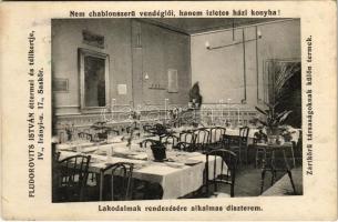1915 Budapest V. Fludorovits István éttermei és télikertje, étterem belső (Nem chablonszerű vendéglői, hanem ízletes házi konyha). Irányi utca 17. Saskör