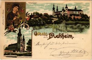 Attnang-Puchheim, Gruss aus Puchheim. Totalansicht, Gnadenkirche. Verlag v. Leop. Gadringer. Art Nouveau, floral, litho (fl)