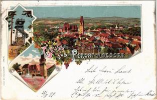 1899 (Vorläufer) Perchtoldsdorf, Josefswarte auf den Föhrenberg, Kirche, Turm u. Mariensäule am Marktplatz. Schneider & Lux Art Nouveau, floral, litho (EK)