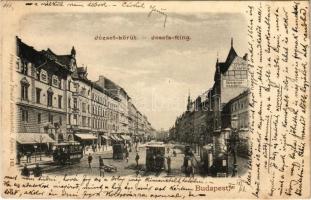 1900 Budapest VIII. József körút, villamosok, Barabás József, Répásy és Telek, Adria részvénytársaság az Erzsébet tér és Kecskeméti utcában reklám a falon. Divald 143.
