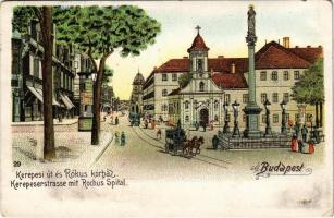 1907 Budapest VIII. Kerepesi út (Rákóczi út), Rókus templom, villamos. litho (EK)