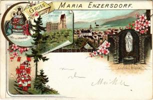 1898 (Vorläufer) Maria Enzersdorf, Heil der Kranken, Schloss Liechtenstein, Lourdes-Brunnen / pilgrimage church, castle. Art Nouveau, floral, litho (EK)