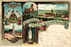 1900 Maria Enzersdorf, Heil der Kranken, Schloss Liechtenstein, Lourdes-Brunnen / pilgrimage church, castle. Franz Schemm Kunstanstalt Art Nouveau, floral, litho (EK)