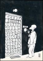 Rau Tibor (1934-2000): Szexuális tanácsadás - párnázott ajtó (Erotikus karikatúra). Tus, papír. Jelzett. 28,5x20 cm.