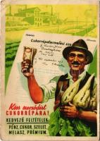 Köss szerződést cukorrépára! Kedvező feltételek: pénz, cukor, szelet, melasz, prémium / Hungarian socialist agricultural propaganda, sugar beet production advertisement card (EB)