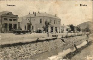 1914 Homonna, Homenau, Humenné; Fő utca, gyógyszertár, Cement gyári raktár, Klein Dávid és fia üzlete. Hossza Gyula kiadása / main street, pharmacy, shop (EK)