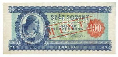 1946. 100Ft "B 095 - 056558" sorozat és sorszámmal, piros "MINTA" felülnyomással és perforációval T:I,I- kis festékfolt Hungary 1946. 100 Forint with "B 095 - 056558" serial number and with red "MINTA" (SPECIMEN) overprint and perforation C:UNC,AU small ink  Adamo F26M