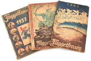 1937-1943 3 db Függetlenség Évkönyv, kettő borítóján Gönczi-Gebhardt Tibor (1902-1994) grafikájával, sérült, viseltes állapotban