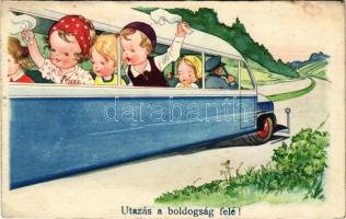 1941 Utazás a boldogság felé! / Children art postcard, holiday, autobus. Amag 0434. (EK)