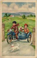 1950 Children art postcard, motorcycle with sidecar, romantic couple. ERIKA Nr. 1270. (EK)