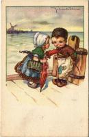 Children art postcard, romantic couple, windmill. Anna & Gasparini 496-6. s: Castelli (EK)