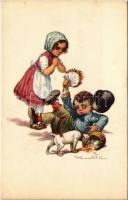 Children art postcard, romantic couple, humour. Anna & Gasparini 290-3. s: Castelli