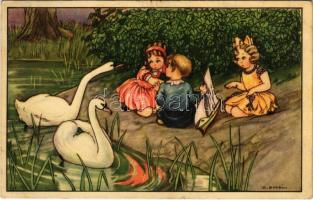Children art postcard, swans. CCM 2625. s: D. Gobbi (EK)