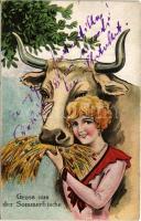 Gruss aus der Sommerfrische / Lady art postcard, cow. WSSB 235. (kis szakadás / small tear)