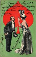 1900 Lady art postcard, romantic couple (szakadás / tear)
