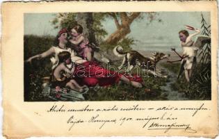 1900 Lady art postcard, children, dog and stork (EK)