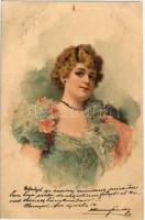 1900 Lady art postcard, decorated litho (EB)