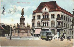 1915 Pécs, Zsolnay szobor, villamos, hintó. Karpf Berta kiadása (b)