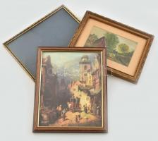 3 db különféle üvegezett fa képkeret, az egyikben dátumozott akvarellkép (1923. szeptember), vegyes állapotban, 26x19 cm - 27,5x23 cm