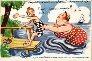 1950 Apuci, gyere fürödni, ennek a víznek rádió-aktív hatása van! / marriage humour, beach (EK)