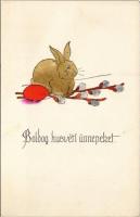 Boldog húsvéti ünnepeket! Fébé-nyomda Piliscsaba / Easter greeting art postcard, rabbit with egg