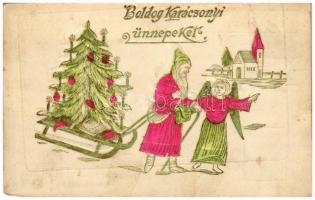 Boldog karácsonyi ünnepeket! / Christmas greeting art postcard, Saint Nicholas with Christmas tree, angel and sled. Emb. (fl)