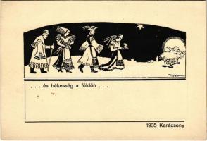 ... és békesség a földön... 1935 Karácsony / Christmas greeting art postcard, Hungarian folklore (EK)