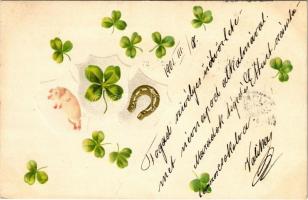 1901 New Year greeting art postcard with pigs, clovers and horseshoe. Emb. litho