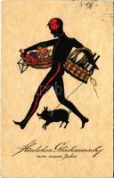 1928 Herzlichen Glückwunsch zum neuen Jahre! / New Year greeting art postcard with pig, champagne (EK)