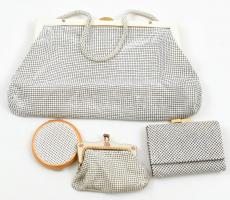 Vintage Glomesh osztrák női táska, kb. 15x30 cm, hozzá tartozó pénztárca, 8x11 cm + Vintage Oroton nyugatnémet púderes doboz tükörrel, d: 7,5 cm és hozzá tartozó pénztárca, 8x10 cm. Mind apró kopásnyomokkal