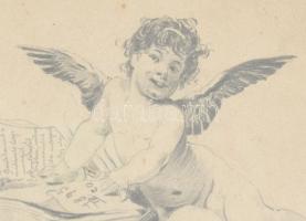 Olvashatatlan jelzéssel (... Gyula), XIX. sz. vége: Emlékrajz puttóval, 1895. Ceruza, papír. Üvegeze...