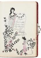 1913-1915 Bp., emlékkönyv, kézzel írt bejegyzésekkel, rajzokkal, bársony borítású kapcsos füzetben