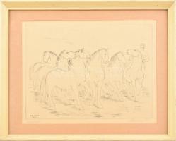 Borsos Miklós (1906-1990): Lovak és lovas. Rézkarc, papír, jelzett, üvegezett fakeretben, 29x39 cm
