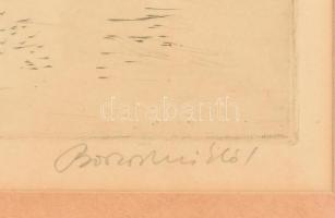 Borsos Miklós (1906-1990): Lovak és lovas. Rézkarc, papír, jelzett, üvegezett fakeretben, 29x39 cm