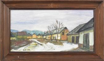 Gera Éva(1923-1996): Télutó. Olaj, farost, jelzett, hátoldalán Vizualart Alkotóközösség címkéjén feliratozott, fa keretben, 16×30 cm