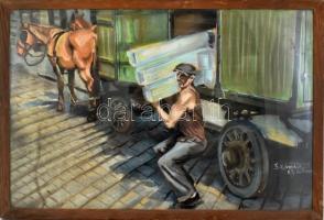 Szemes Balázs jelzéssel: Lovaskocsi. Vegyes technika, papír, üvegezett fakeretben, 51×77 cm