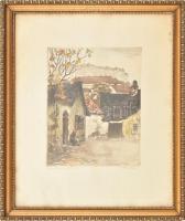 Paulovits Pál (1892-1975): Utolsó levelek, Tabán. Színezett rézkarc, papír, jelzett, üvegezett keretben, lap széle kissé foltos, 30×23 cm