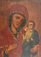 Jelzés nélkül: Ikon, Mária a kisdeddel, XIX. sz. Festett falemez, kis sérülésekkel. Sérült fa keretb...