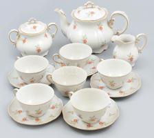 Zsolnay porcelán teás készlet 6 személyes, egy csészealj hiánnyal. Matricás, jelzett, kopásokkal