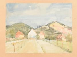 Adámi Sándor (1912 k.-1991): Dombos táj. Akvarell, papír, jelzett, papírra kasírozva. Lapszéli apró sérüléssel. 21×27,5 cm