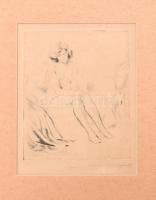 Merényi Rudolf (1893-1957): Ülő női akt, rézkarc, papír, jelzett, paszpartuban, foltos, 18×15 cm