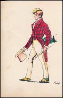 Zórád jelzéssel: Fiatalember kalappal és sétabottal, akvarell-tus, papír, 29×19 cm