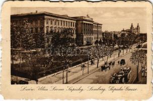 1918 Lviv, Lwów, Lemberg; Ulica Leona Sapiehy / Sapieha-Gasse / street view, automobile, tram + K.u.K. Festungszeugsabteilung No. 8. K.U.K. ETAPPENPOSTAMT 185 (EM)
