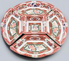 Kínai forgatható asztalközép 5db porcelán tálka. Matricás, jelzett, kis kopással. Forgó műanyag tálon 37 cm