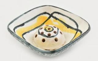 Retró mázas kerámia ikebana, jelzés nélkül, kis kopással, 13,5x13,5 cm