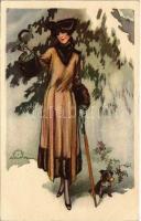 1923 Divatos hölgy kutyával. Olasz művészlap / Italian lady with dog. Anna & Gasparini 559-3. artist signed