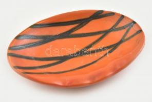 Retró narancs-fekete mázas kerámia tálka, jelzett, kis kopással, 16x11 cm